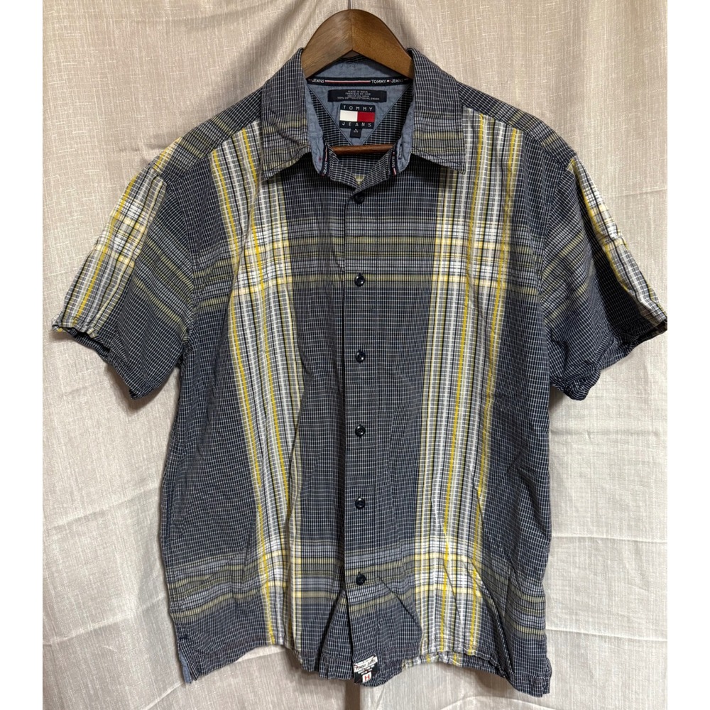 Tommy Jeans Men's Plaid Button Down Shirt Short Sleeve Large Blue Yellow
